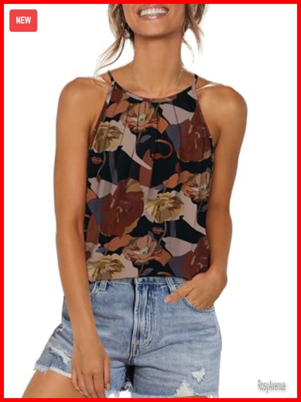 Womens Pleated Tank Top Spaghetti Strap Halter Camisole Curved Hem Flowy Fit
